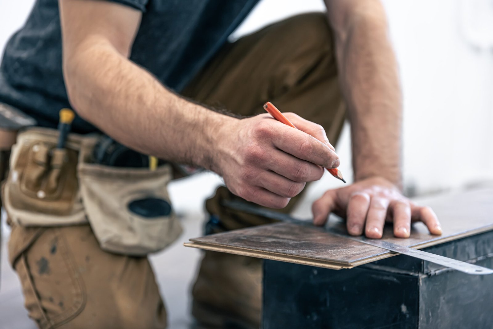 male worker puts laminate flooring floor scaled